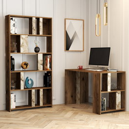 Hanah Home Lima - Mesa de estudio y estantería Nogal y Blanco